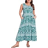 Moon Wood Women's Plus Size Sleeveless Summer Dress Crewneck Tank Casual Flowy Maxi Dress with Pockets Vacation Outfits