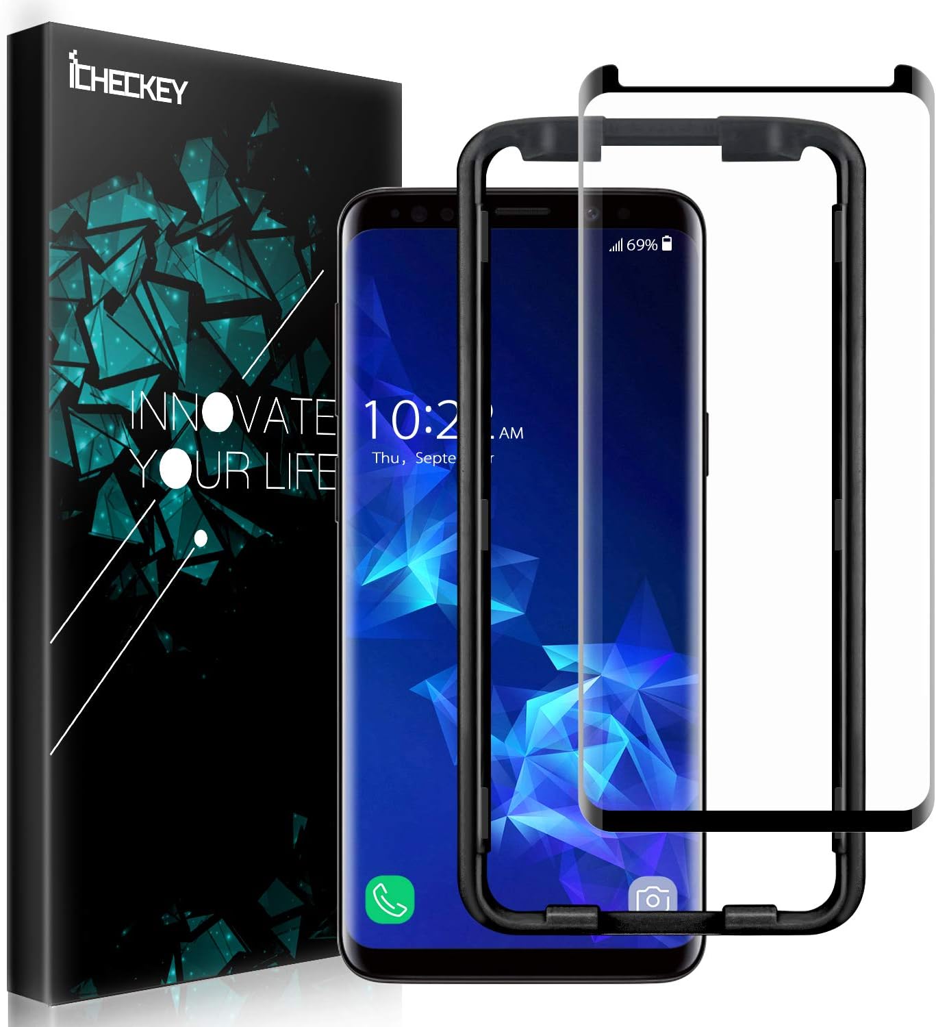 Screen Protector for Galaxy S9 Plus – ICHECKEY Upgraded [Full Adhesive][3D Curved Edge] [100% Case Friendly] Tempered Glass Screen Cover Shield for Samsung Galaxy S9+ (2018), 6.2 Inch