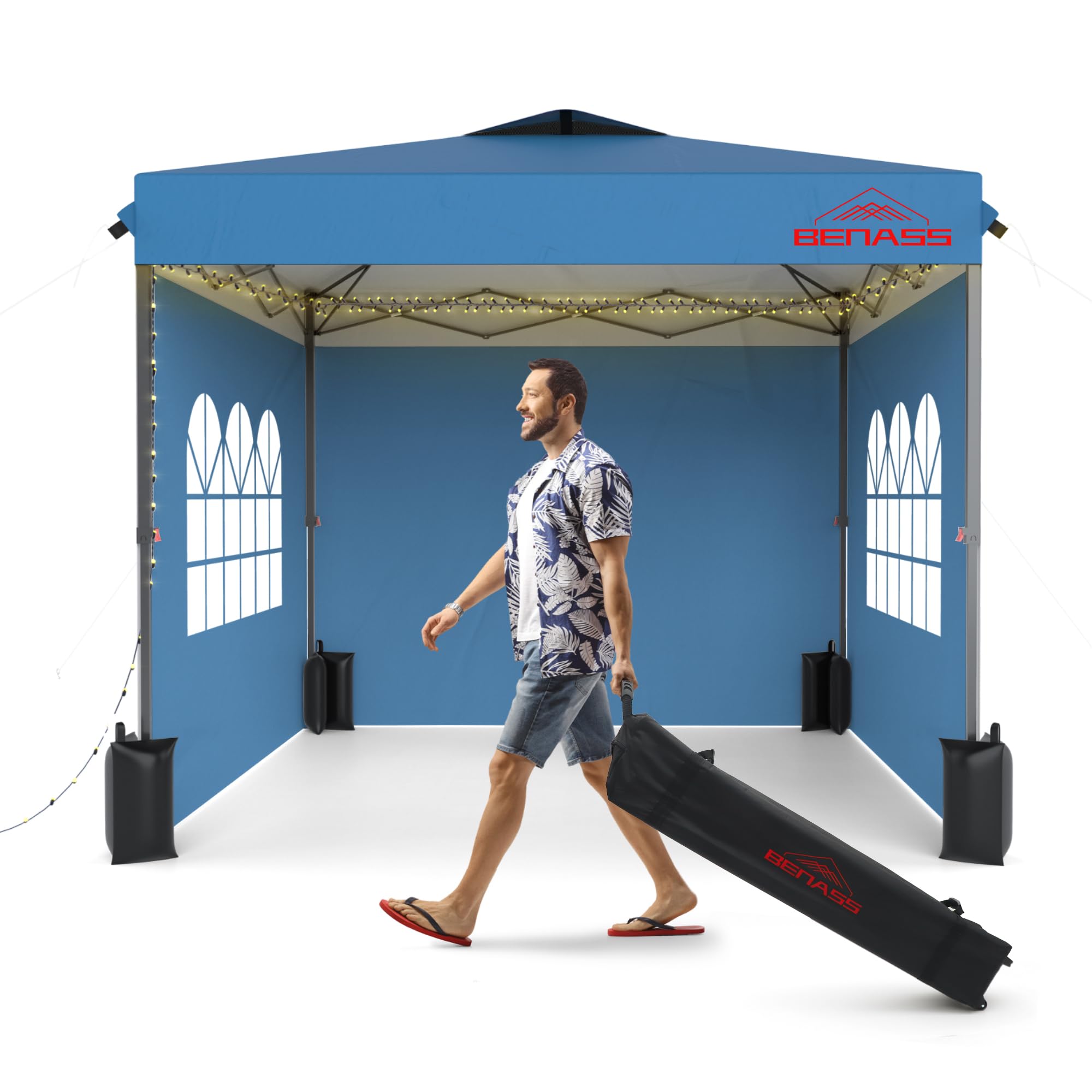 Photo 1 of 10x10 Pop Up Canopy with Sidewalls, Easy Up Canopy Tent, Heavy Duty Tents for Parties, One Person Set Up Event Tent, Light Blue