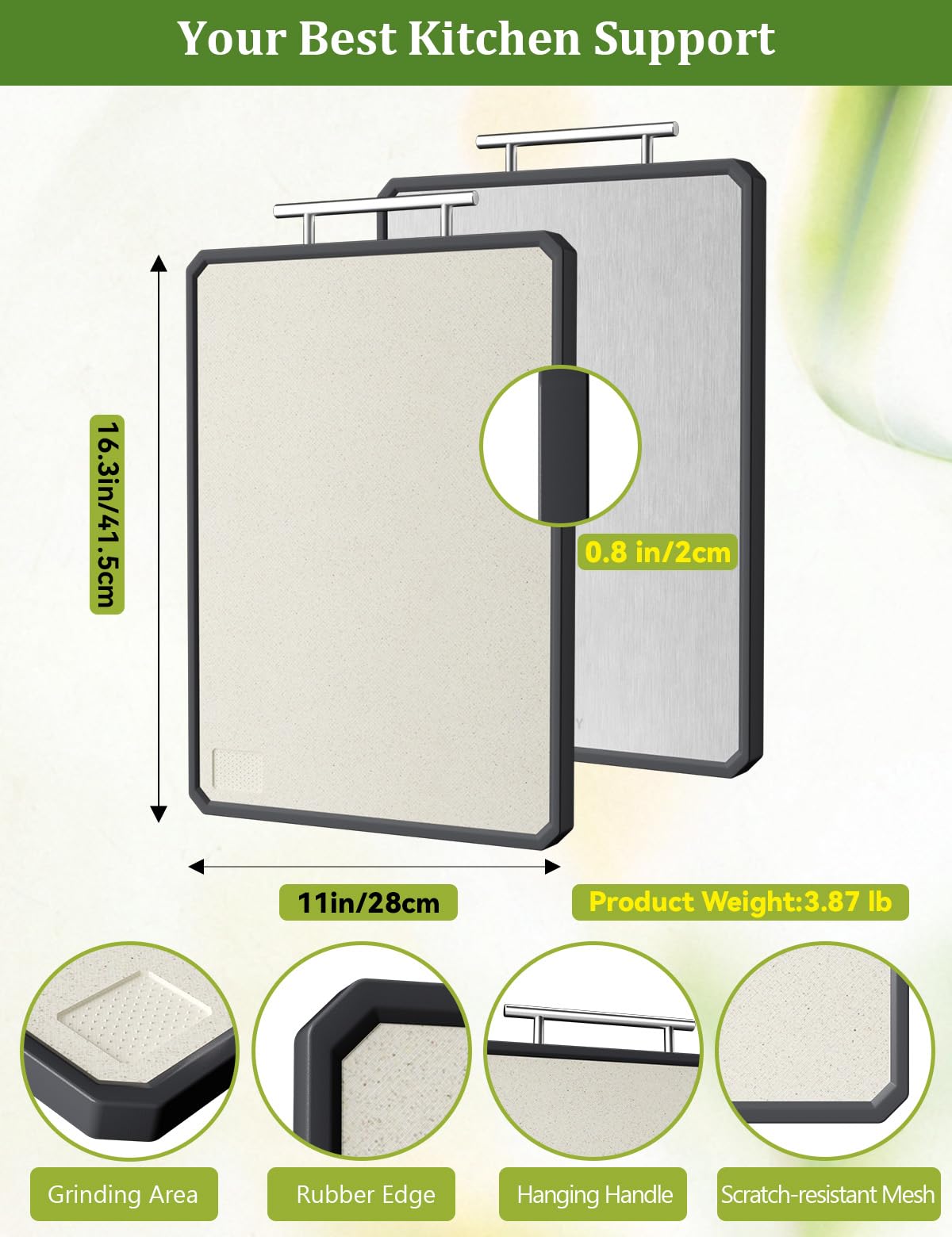 Titanium Cutting Boards for Kitchen, 2 in 1 Non Toxic Cutting Board, Food-Grade Double Sided Pure Titanium & Wheat Straw PP Chopping Board for Meat/Vegetables, Dishwasher Safe Large 16.3”×11-1 PC