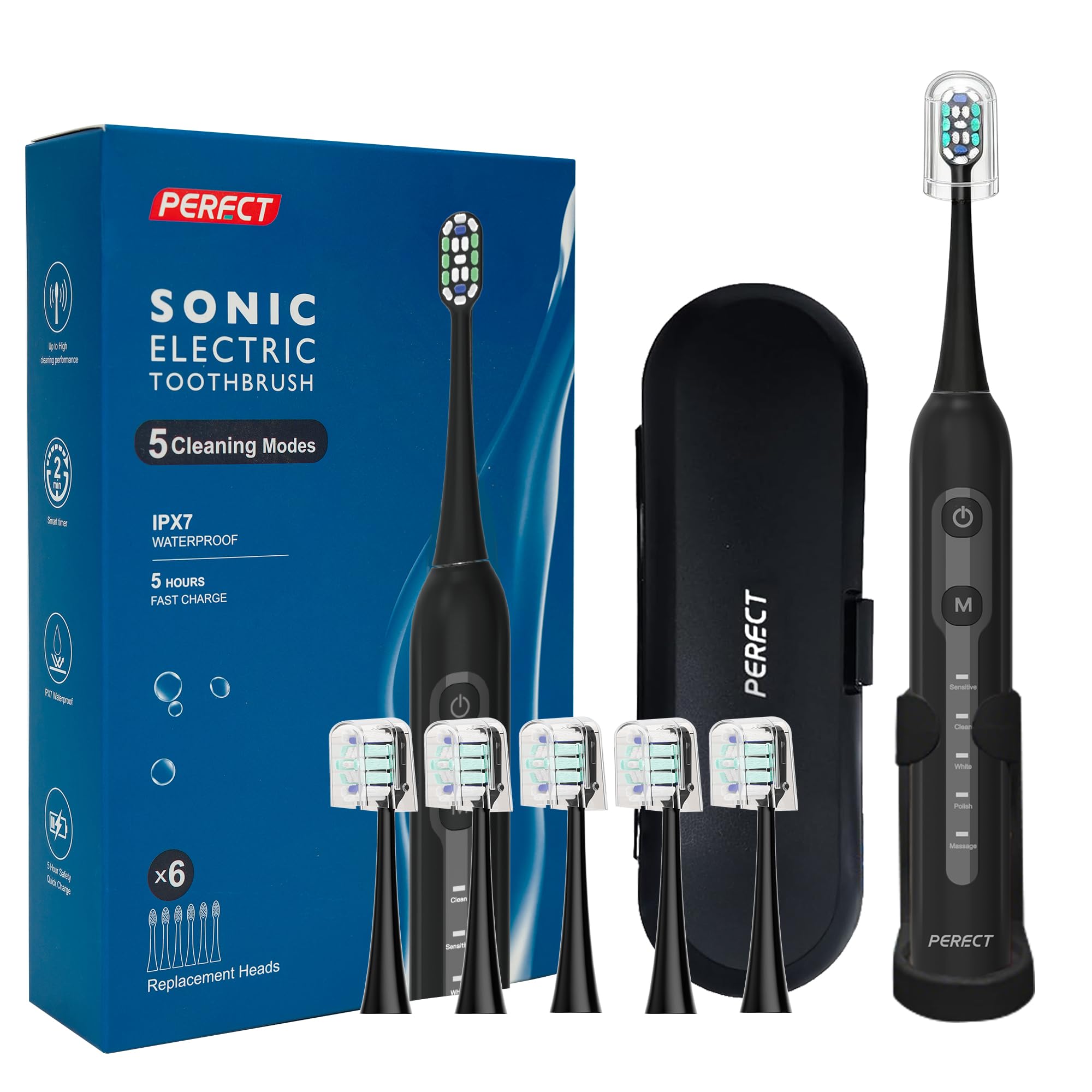PERECT Electric Toothbrush for Adults, Rechargeable Sonic Electric Toothbrush with 6 Replacement Brush Heads, 1 Charge for 30 Days, 5 Modes 3 Intensities, Smart Timer (Black New)