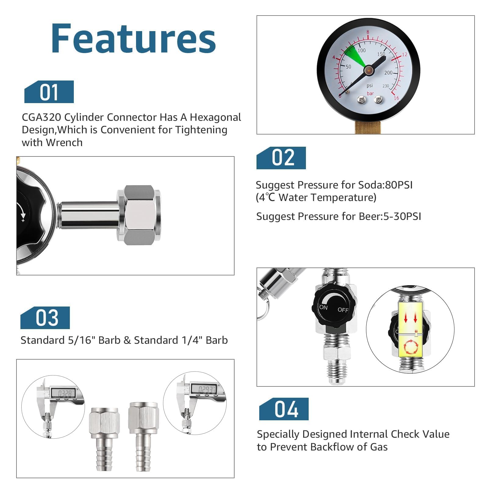 High Pressure CO2 Regulator Dual Gauge Keg Regulator 0-120PSI Output Pressure Regulator for Kegerator - CGA 320 Beer Regulator, 7/16-20 UNF Thread Fittings, Keg Regulator for Beer, Soda