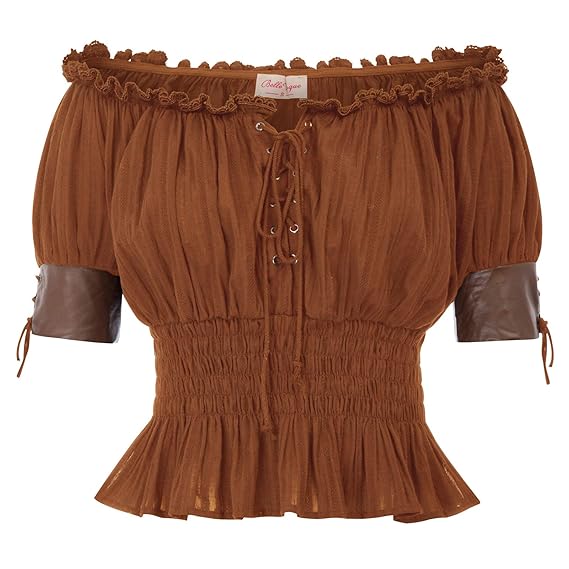 Belle Poque Damen Boho Tops Steampunk Victorian Halbe Ärmel Schulterfrei Tops