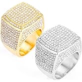 HH BLING EMPIRE Iced Out Gold Silver Rings for Men, Bling Hip Hop Rapper Icy Diamond Men Rings, Big Square Ring Band Silver Plated | Size 11
