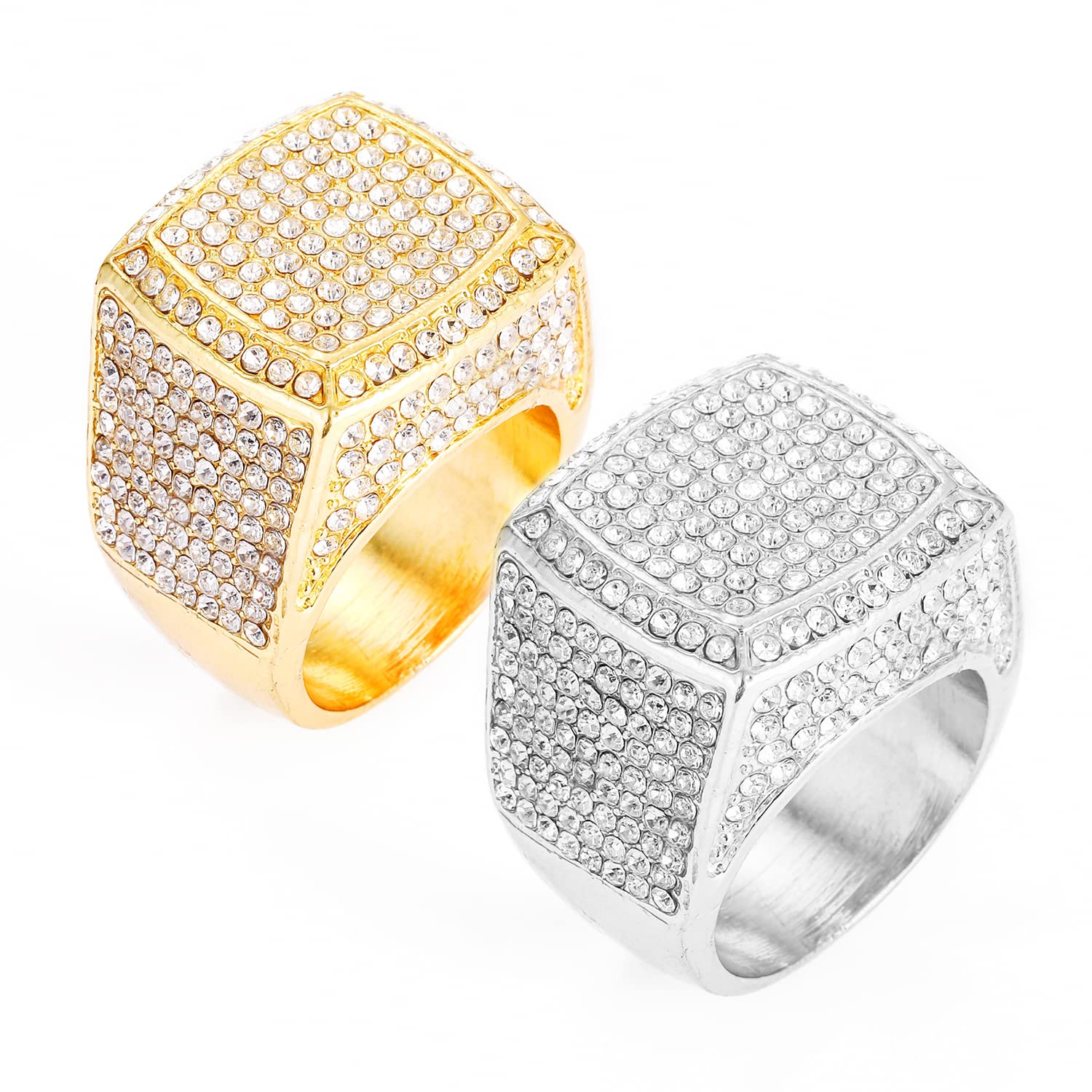 HH BLING EMPIRE Iced Out Gold Silver Rings for Men, Bling Hip Hop Rapper Icy Diamond Men Rings, Big Square Ring Band Size 8/9/10/11/12, 12, crytal/ rhinestones, crystal diamond