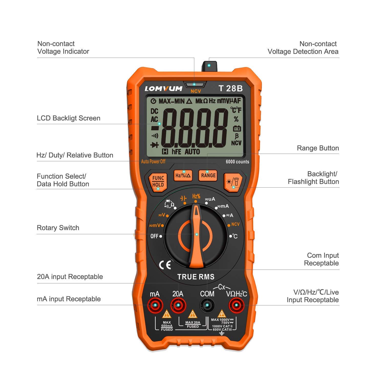 LOMVUM Digital Multimeter Tester, TRMS 6000 Counts Volt Meter Ranging; Measures Voltage Tester, Current, Resistance, Continuity, Frequency; Tests Diodes, Transistors, Temperature