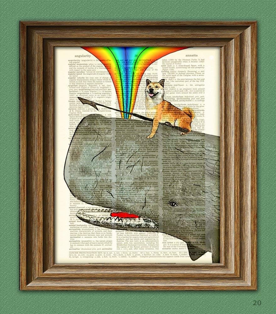 Dog Riding Whale Print. Kujira the Shiba Inu Dog Protects the Homeland From Evil Whalers With Love, Rainbows, and Her Deadly Harpoon. Doge Atop a Sperm Whale Dictionary Page Book Art Print