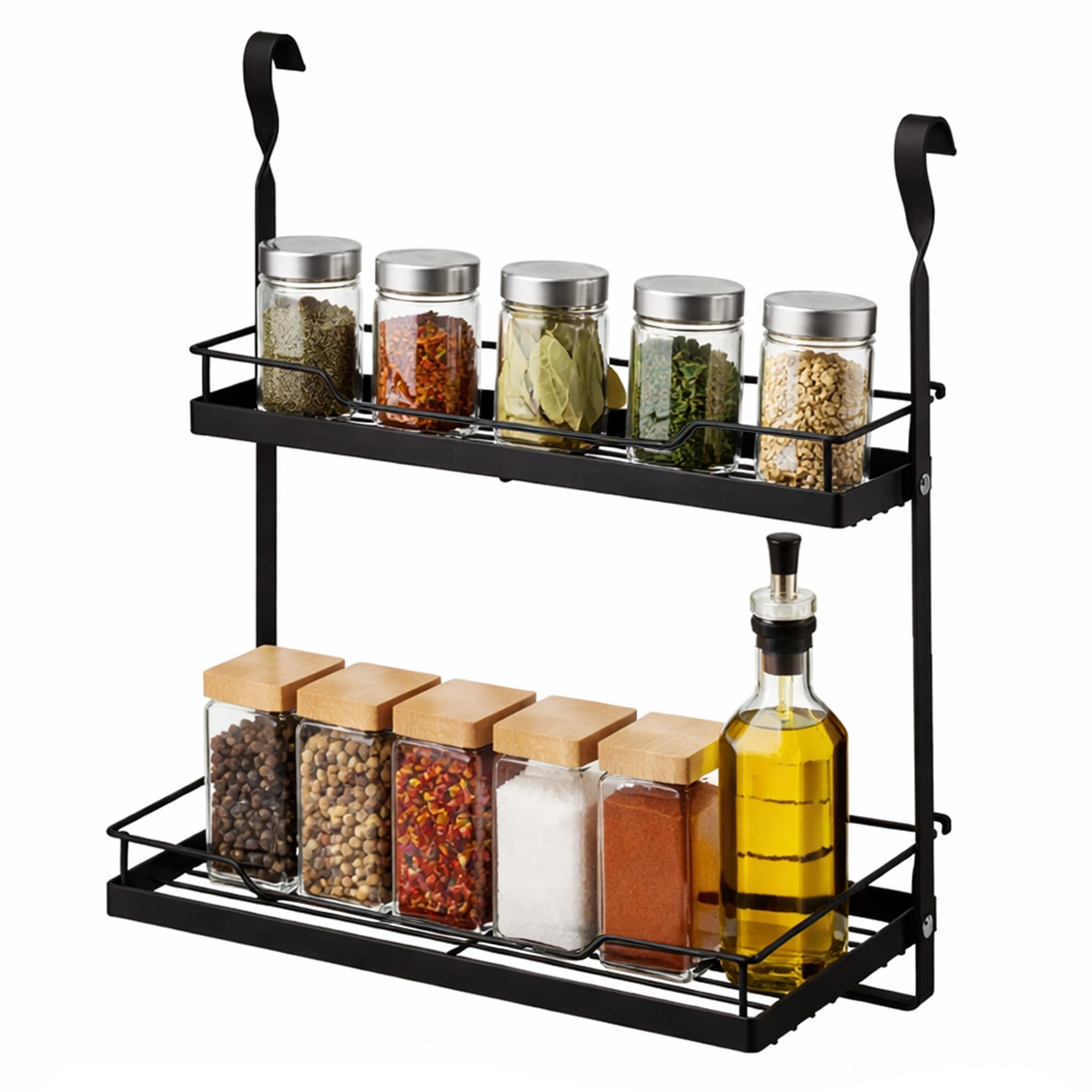 LIVIVO 2 Tier Hanging Storage Shelf Rack For for Spices Herbs Condiments Seasoning Kitchen Rail Plates Bowl Tumbler Glasses Utensil Cutlery Knives Pots Paper Towel (2 Tier Spice Rack, Black)