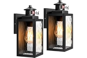 YOCHOICE 2-Pack Motion Sensor Outdoor Lights, Upgraded Dusk to Dawn Outdoor Lighting, Outside Wall Mounted Light Fixtures with Water-Rippled Glass, Exterior Black Wall Lanterns Sconce for House Porch Garage