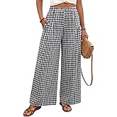 EVALESS Women's Wide Leg Palazzo Pants Casual Elastic High Waisted Cotton Gingham Plaid Culottes Trousers with Pockets
