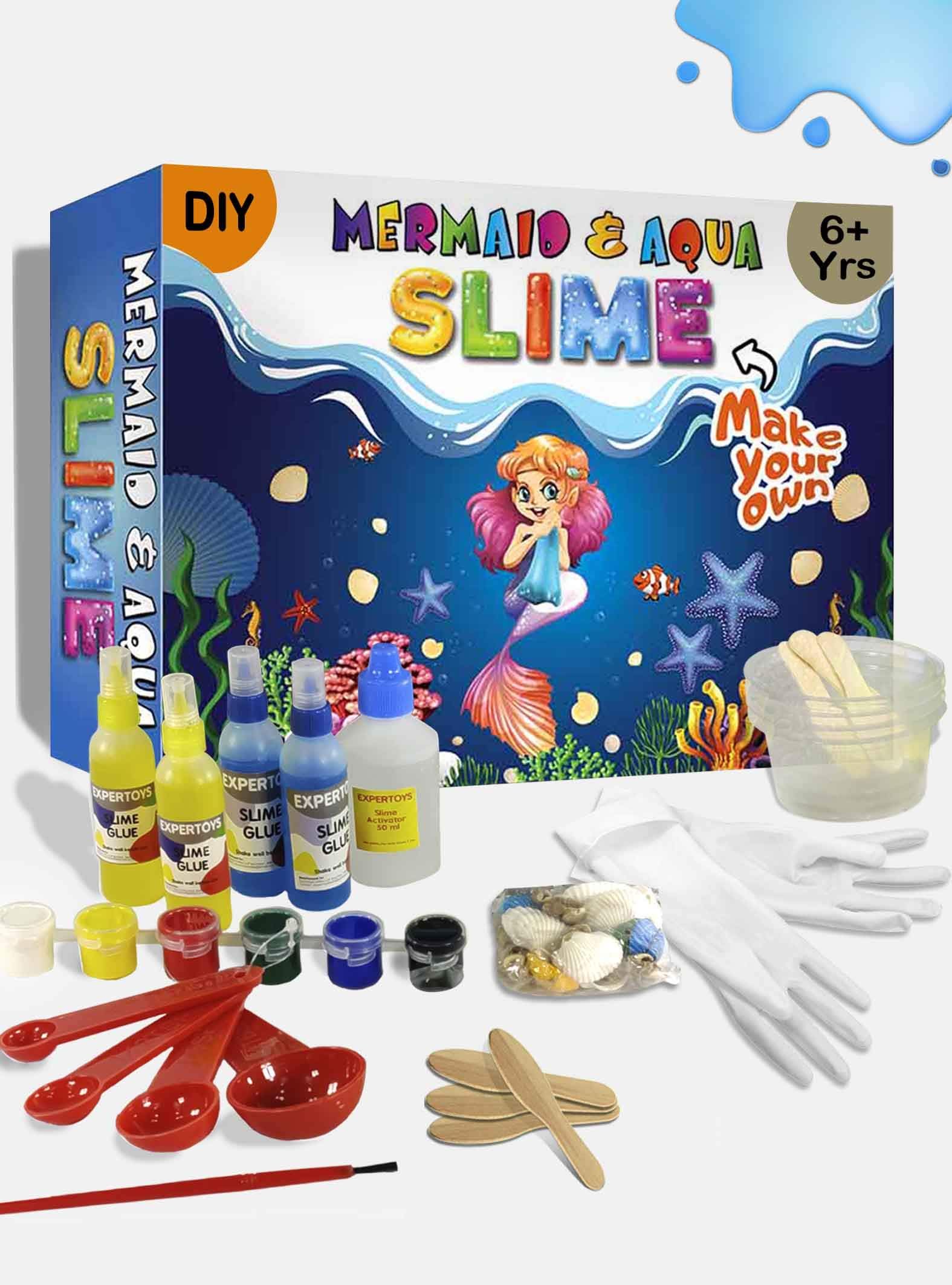 DIY Mermaid and Aqua Slime making Kit for Kids | 6 years and above | Art and Craft Fun Activity Set for Children | Perfect Gift for Girls and Boys | Make Multicolor Fluffy Slime Toy using Activator and Sea Shells