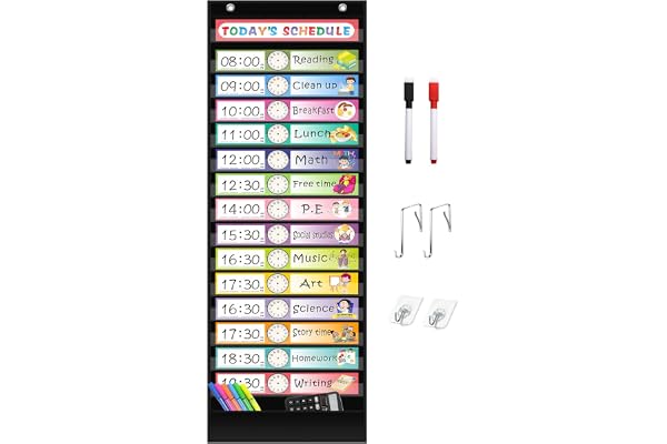 REGELETO 15+1 Pockets Daily Schedule Pocket Chart with 30 Pcs Double-Sided Reusable Cards, Scheduling Pocket Chart for Classr