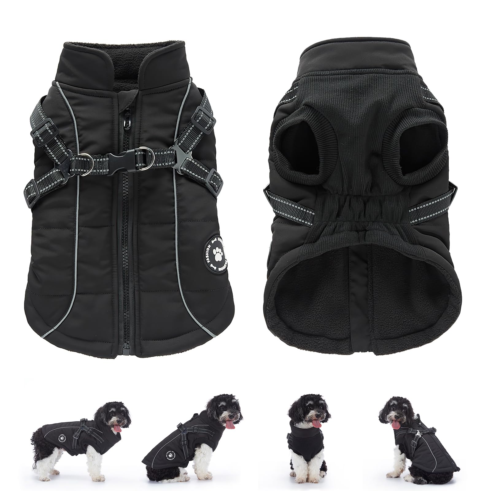 PuppyWarm Winter Coats & Jacket with Harness, Waterproof Dog Sports Vest for Dogs & Cats (Black, M)