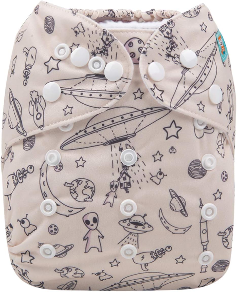 Alva Baby Cloth Diaper One Size Adjustable Reuseable Washable Nappy One Pack with 2 Inserts (Aliens, H132)