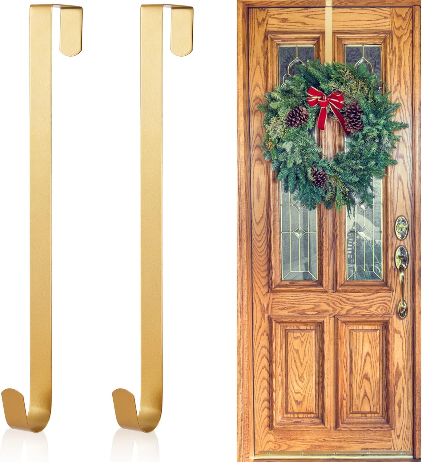Wreath Hangers - Kederwa 2 Pack Gold Wreath Hangers for Front Door, 15inch Over The Door Wreath Hanger Xmas Wreath Holder Hook Reef Hanger for Christmas Thanskgiving Decorations