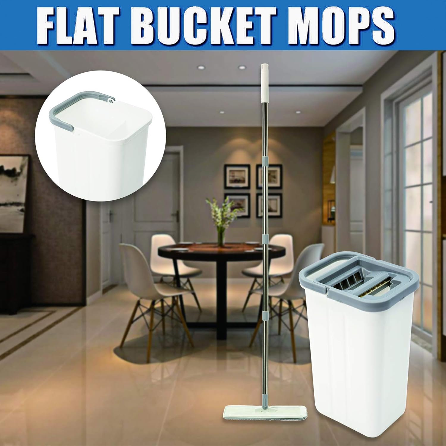 HTKMOS Microfiber Floor Flat Mop and Bucket Set -Flat Squeeze Mop,Cleaning Mop System 4 Washable & Reusable Microfiber Pads Included for Stainless Steel Handle Wet and Dry: Kitchen & Dining