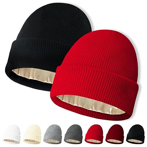 NPQQUAN 2 PCS Satin Lined Beanie for Women Silk Lined Beanies Winter Warm Soft Lining Cuffed Knit Beanie Hats for Women Black+Red
