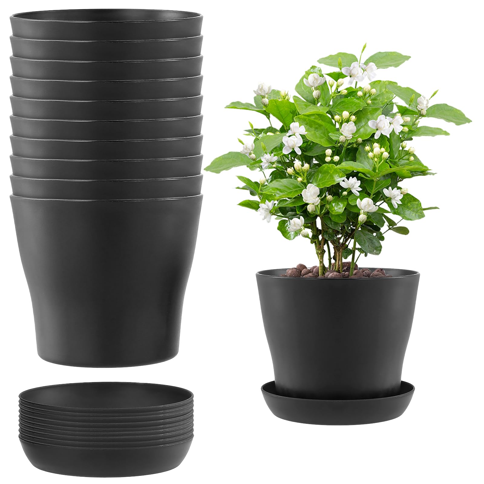 HEIHAK 10 Pack 17cm Black Plastic Plant Pots with Saucers and Drainage, Round Medium Plant Pots Flower Pots for Indoor and Outdoor