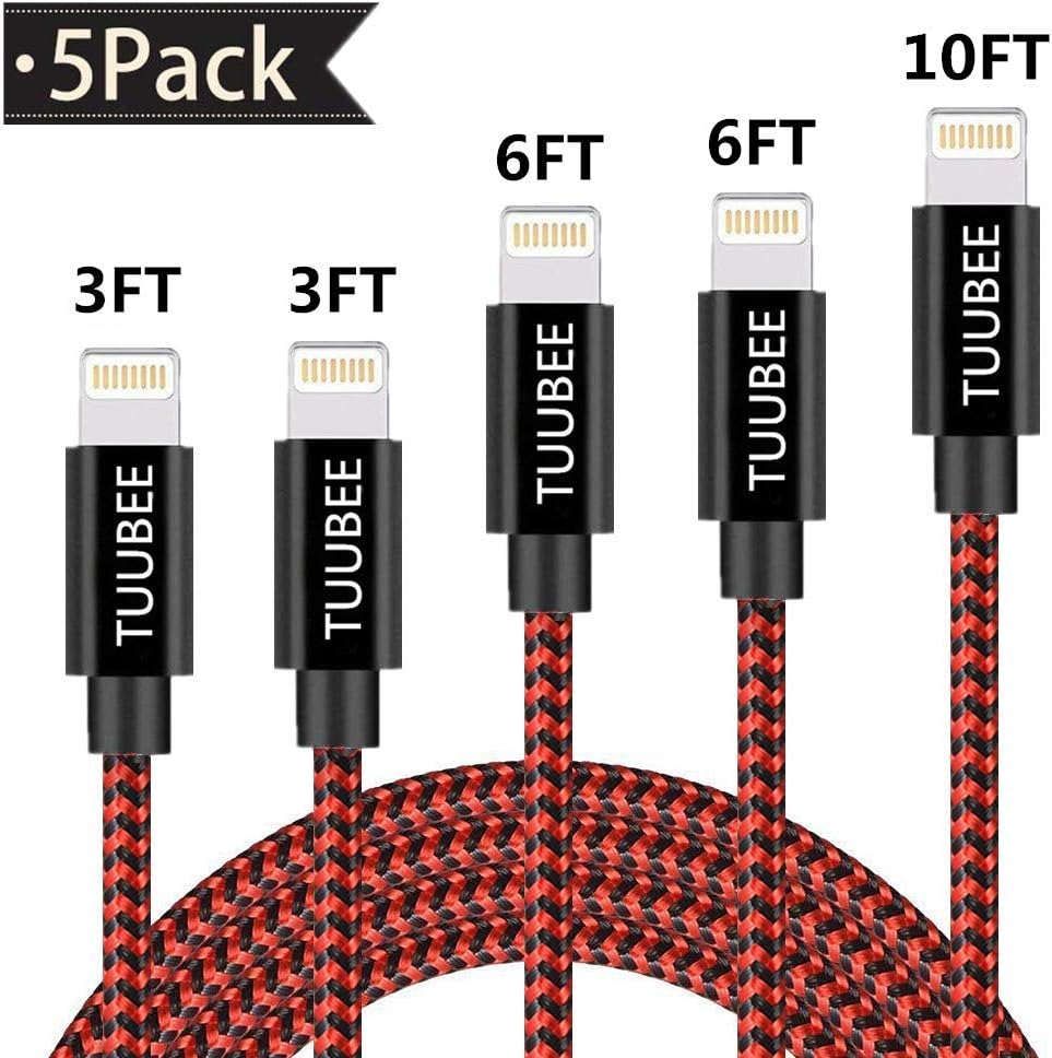 iPhone Charger Cable TUUBEE iPhone Lightning Cable 5Pack 3FT/6FT/10FT Long Nylon Braided USB iPhone Data Cable Wire Fast Charging Cord Compatible iPhone XS/MAX/XR/X/8/7/6/iPad/iPod (Red)