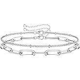 MILACOLATO 925 Sterling Silver Clasp Paperclip Chain Bracelets 14K White Gold Plated Solid Diamond-Cut Paperclip Chain Women Bracelet Adjustable Layered Satellite Beads Bracelets for Women