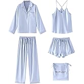 SAPJON Satin Silk Pajamas for Women Set 5PCS Classic Button Down Pajamas Top and Pants Cami and Ruffle Shorts Sleepwear