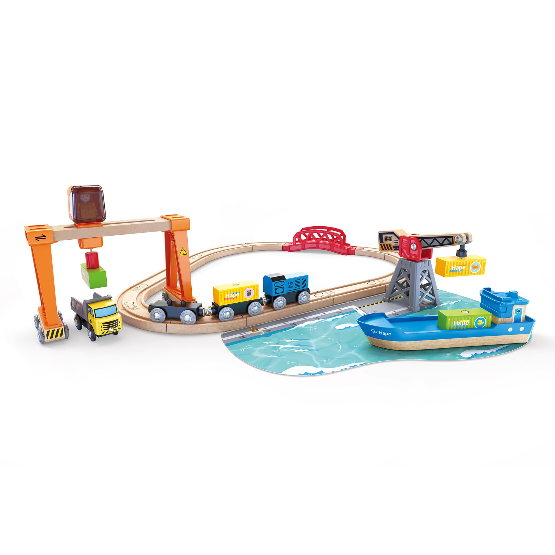 Hape Lift & Load Harbor Set | Toy Train and Boat Set with Cranes, for Children Ages 3Y+