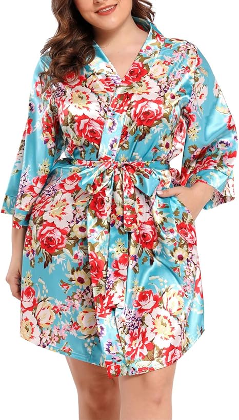 Dolamen Mädchen Morgenmantel - Satin Kimono Mit Pfauendruck Blauer See