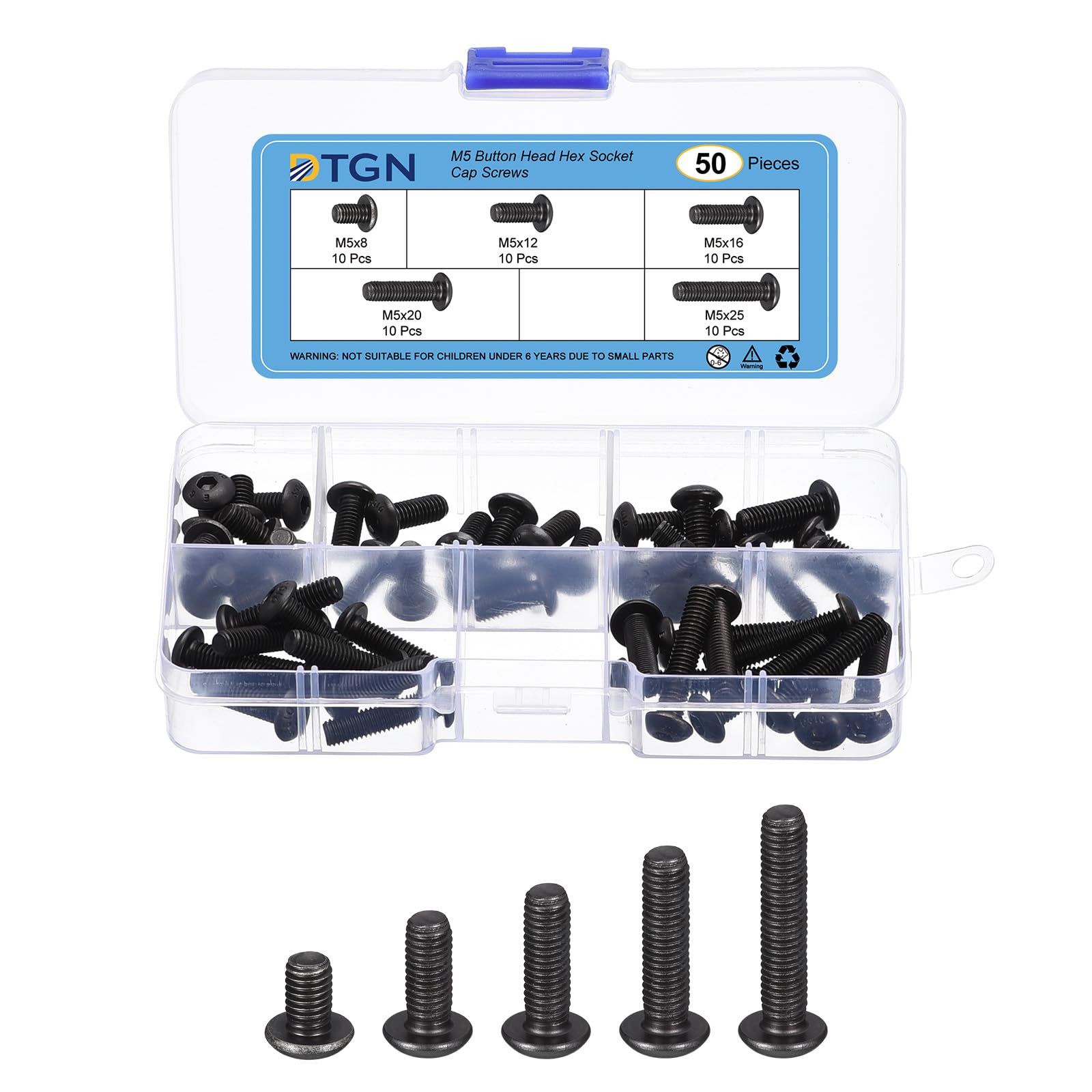 DTGN 50Pcs M5 Button Head Socket Cap Screws Kit - 8/12/16/20/25mm Carbon Steel Black Oxide Full Thread Hex Socket Cap Screw Assortment - Good for Machine, Furniture Repairing