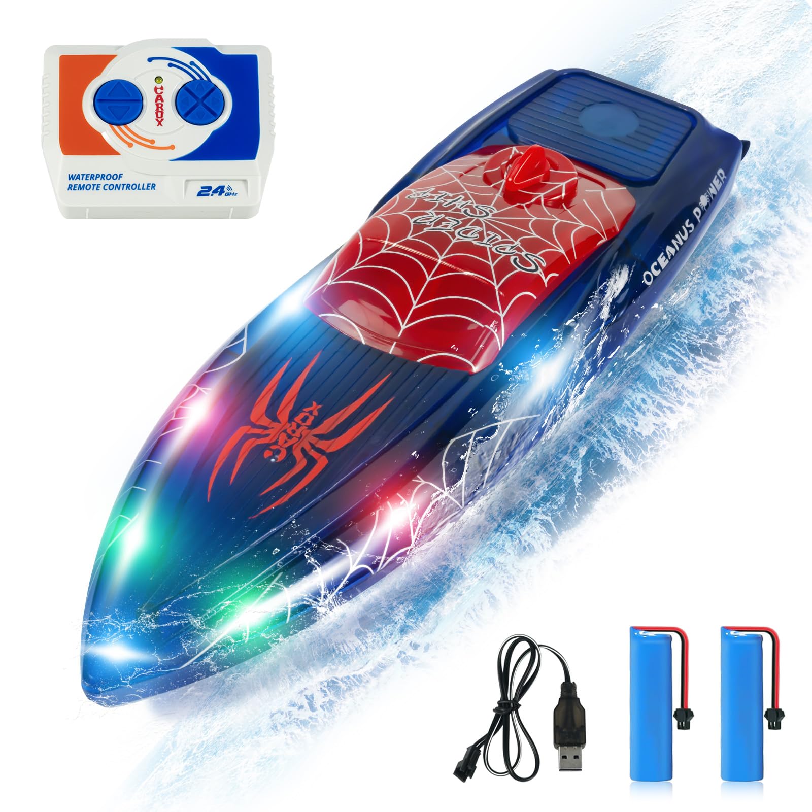 Photo 1 of RC Boat with LED Lights- 2.4GHz Remote Control Boat for Pool and Lakes, 360° Flip Stunt Racing Boats with 2 Modular Rechargeable Battery, Gifts for 8-12 Boys Girls Kids (Spiderweb)