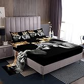 Wild Lion Couple Bed Sheet Set Twin Size,Gold King and Queen Crown,Bedding Decor Set with 1 Flat & 1 Fitted SheetTropical African Animal with 1 Pillow Sham for Kids Boys Bedroom Decor