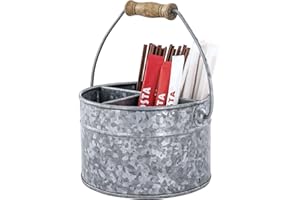 MyGift 6 inch Rustic Galvanized Round Bucket Tea and Coffee Condiment Organizer Caddy, 4 Compartments - Handmade in India