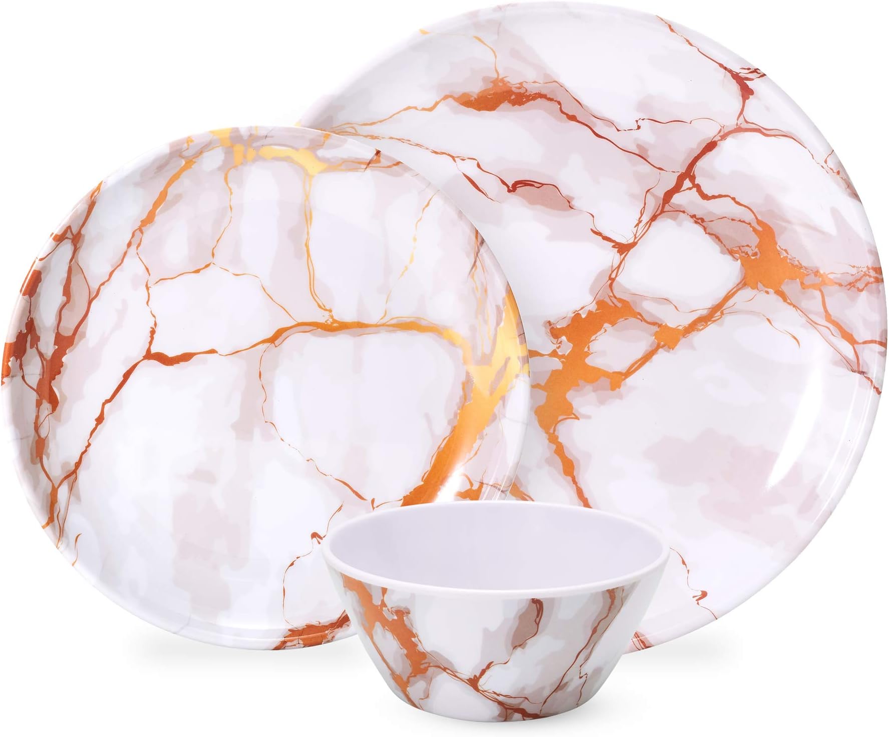 Melamine Dinnerware Set - 12 Pcs Dinner Dishes Set for 4, Indoor and Outdoor Use, Dishwasher Safe, Break-resistant (Golden-Grain)