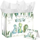 EIGHTSTATES Large Baby Dinosaur Gift Bags Set - Green 'It's a Boy' Baby Shower Decorations with Greeting Card & Tissue Paper for Newborn, Gender Reveal & Dino Birthday Party