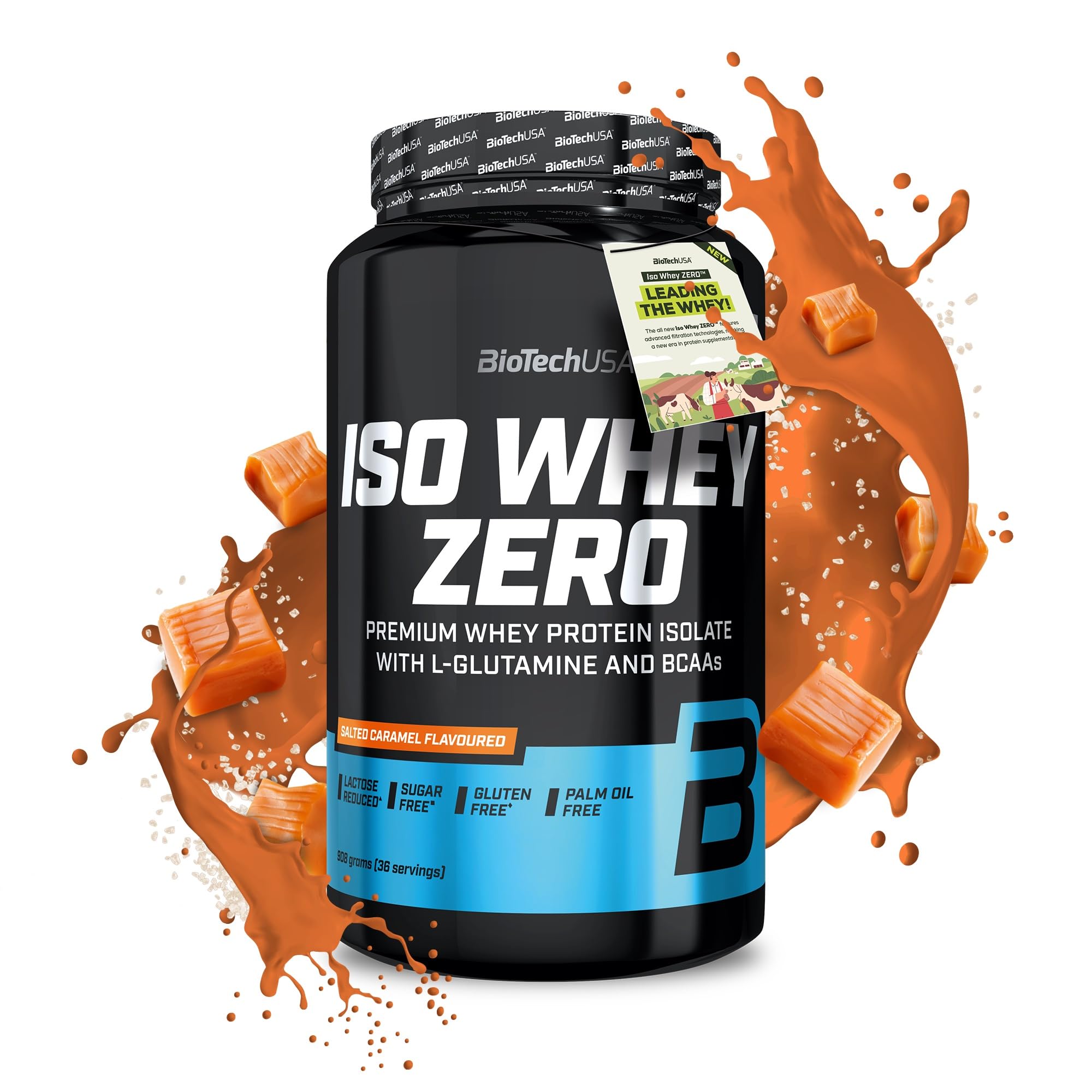 BioTechUSA Iso Whey Zero | Premium Whey Protein Isolate | Grass-Fed | Enzyme-Free | Sugar- and Gluten-Free, 908 g, Salted Caramel