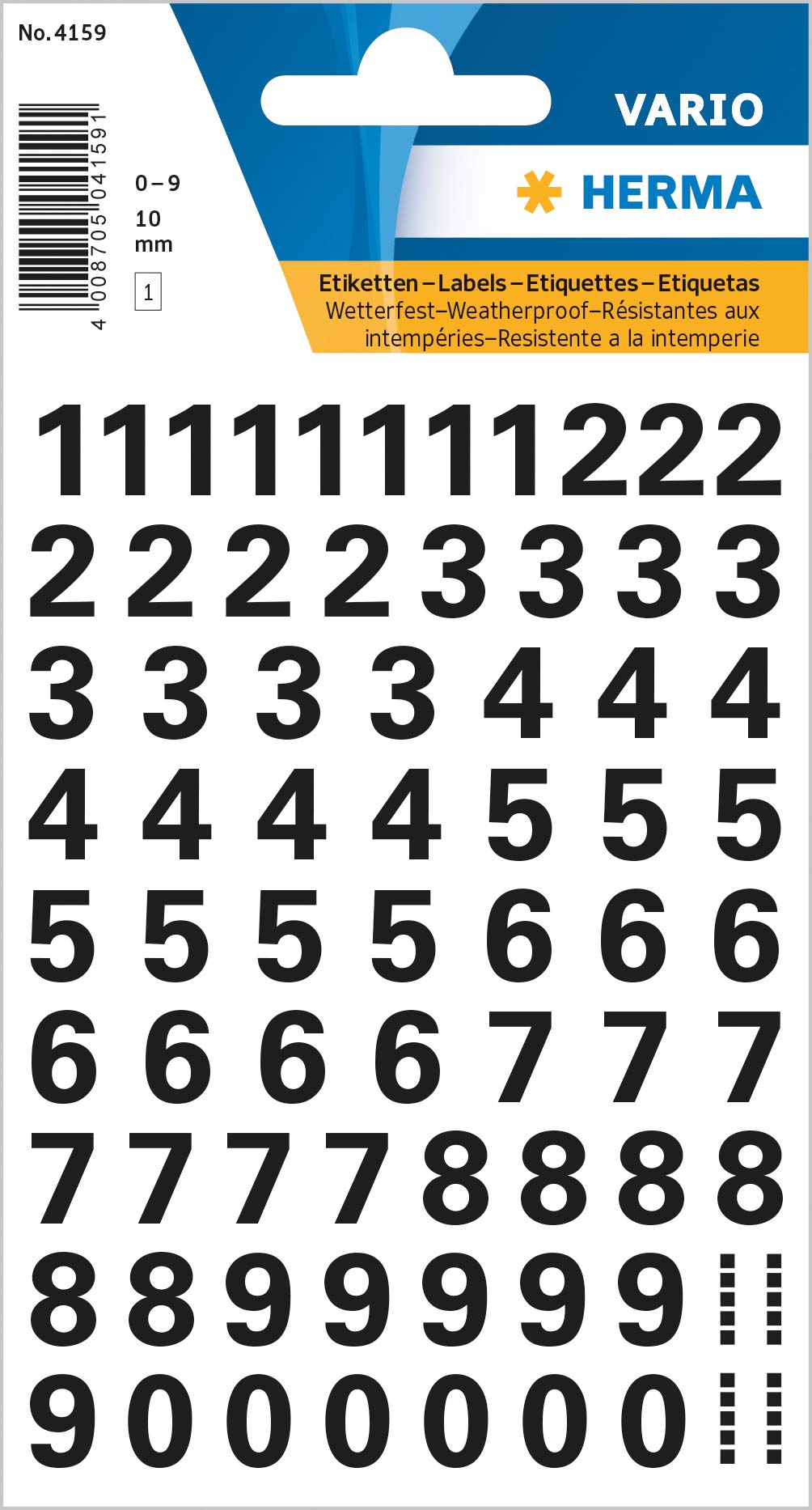 HERMA Numbers Stickers Black 0-9, 71 Pieces, Font Size 10 mm, self-Adhesive, Weatherproof, Small, Number Digit Adhesive Numbers Stickers House Numbers Made of Film for Sticking on, Transparent