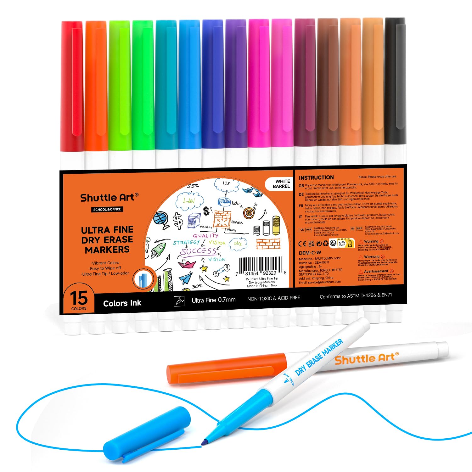 Shuttle Art Ultra Fine Tip Whiteboard Pens, 15 Colours, 0.7mm Felt Tip Dry Wipe Pen for Writing on Whiteboard, Dry Erase Board, School Office Home
