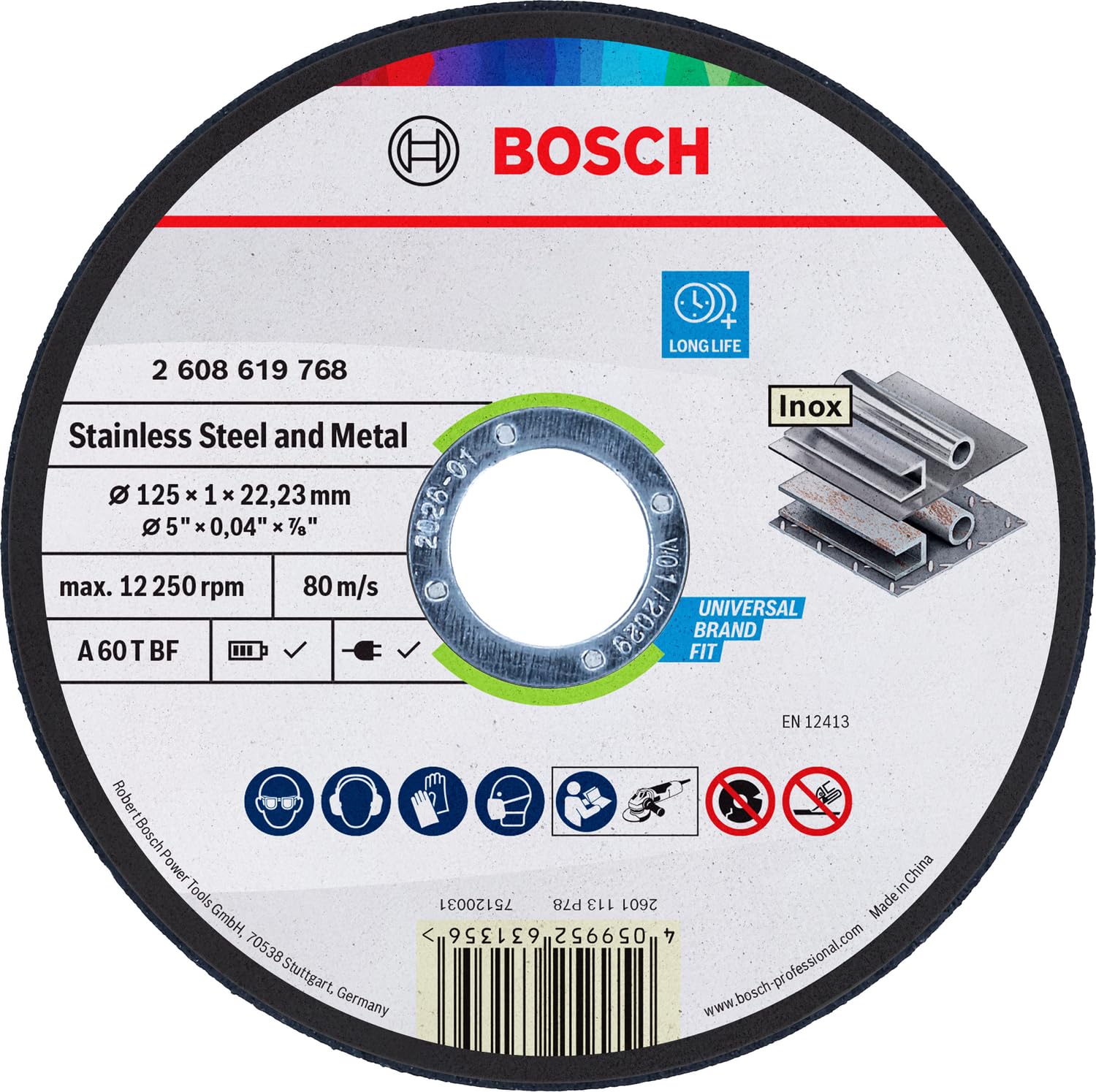 Bosch 1x Stainless Steel and Metal Trennscheibe Long Life, Bohrung 22,23 mm (für Edelstahl, Stahl, Ø 125 mm, Professional Zubehör Kleiner Winkelschleifer)