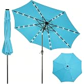 TrailBlaze 9FT Patio Umbrella with 32 Solar LED Lights - UV &amp; Water Resistant Outdoor Market Parasol - Tilt &amp; Crank - 8 Sturdy Iron Ribs - Sun Shade for Garden, Deck, Pool, Backyard, Brown