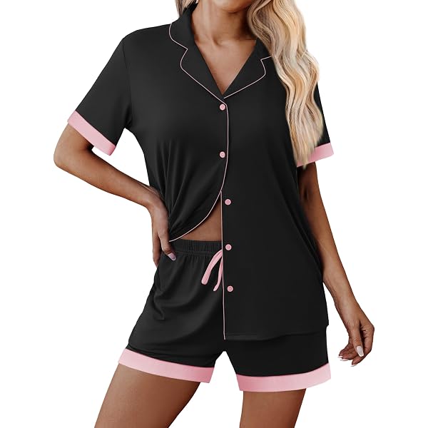 Lu's Chic Women's Short Sleeve Pajama Set - Button Down Shirt & Shorts, Notch Collar Loungewear, Black, Medium - View #4