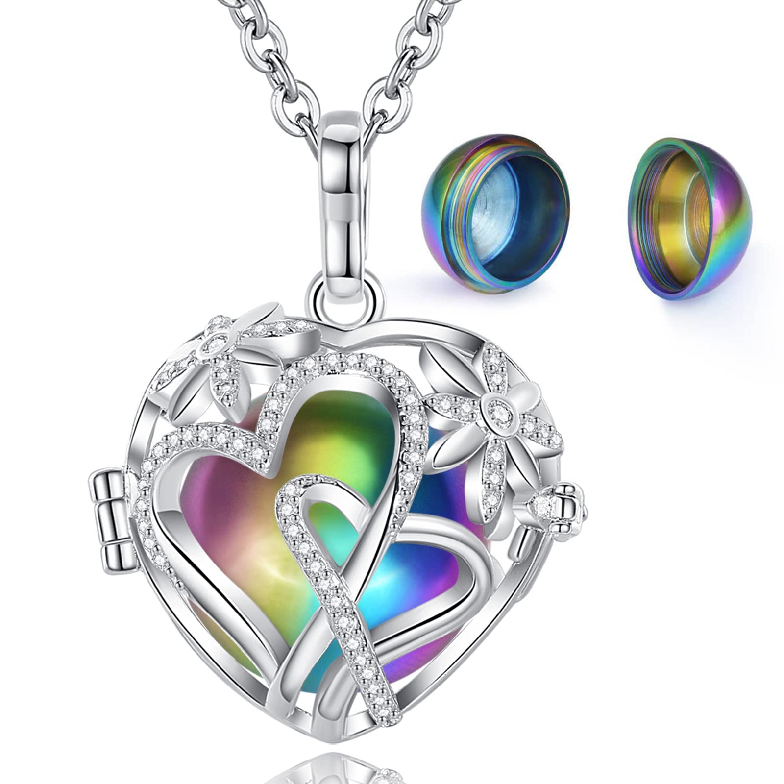 EUDORA Harmony Ball Urn Necklace for Ashes Cremation Jewellery for Ashes Necklace Double Heart Pendant for Ashes Keepsake Necklace Funeral Memorial Gift for Human Pets Ashes, 61cm