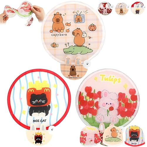 3 PCS Round Foldable Hand Fan,Handheld Portable Pop Up Fabric Fans for Women and Girls,Summer Cooling Fans for Party Favors,Home Decoration,Outdoor Travel (Cartoon)