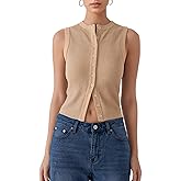 Women’s Button Down Tank Tops Sleeveless Ribbed Crop Summer Button Up Crewneck Vest Shirt Going Out Slim Fit Tops