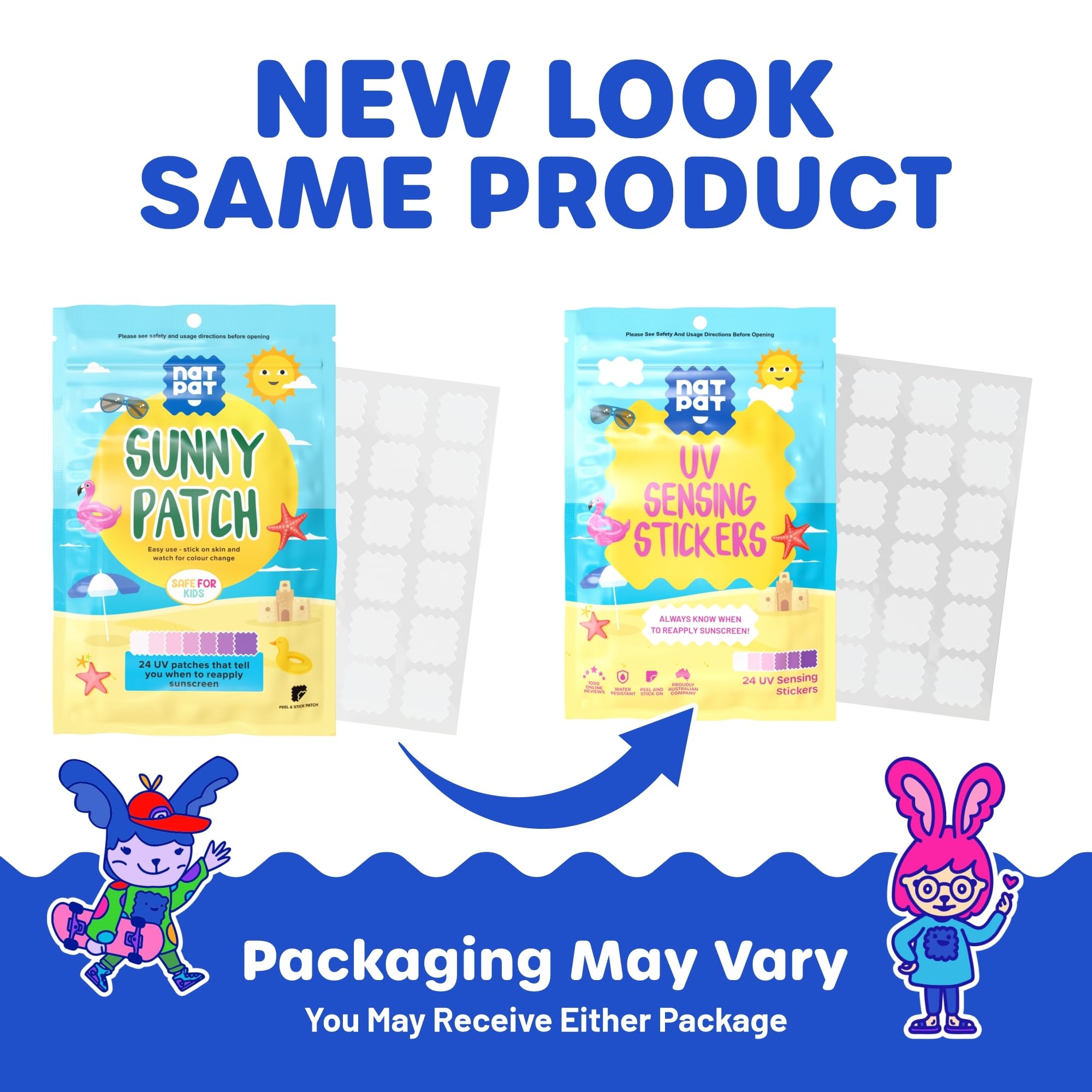 NATPAT Sunny Patch UV Detection Stickers Sunburn Prevention for Kids and Adults - Natural Waterproof Patches, Changes Color When Time To Reapply Your SunScreen - Buzz Patch Natural Patch (24 Pack)