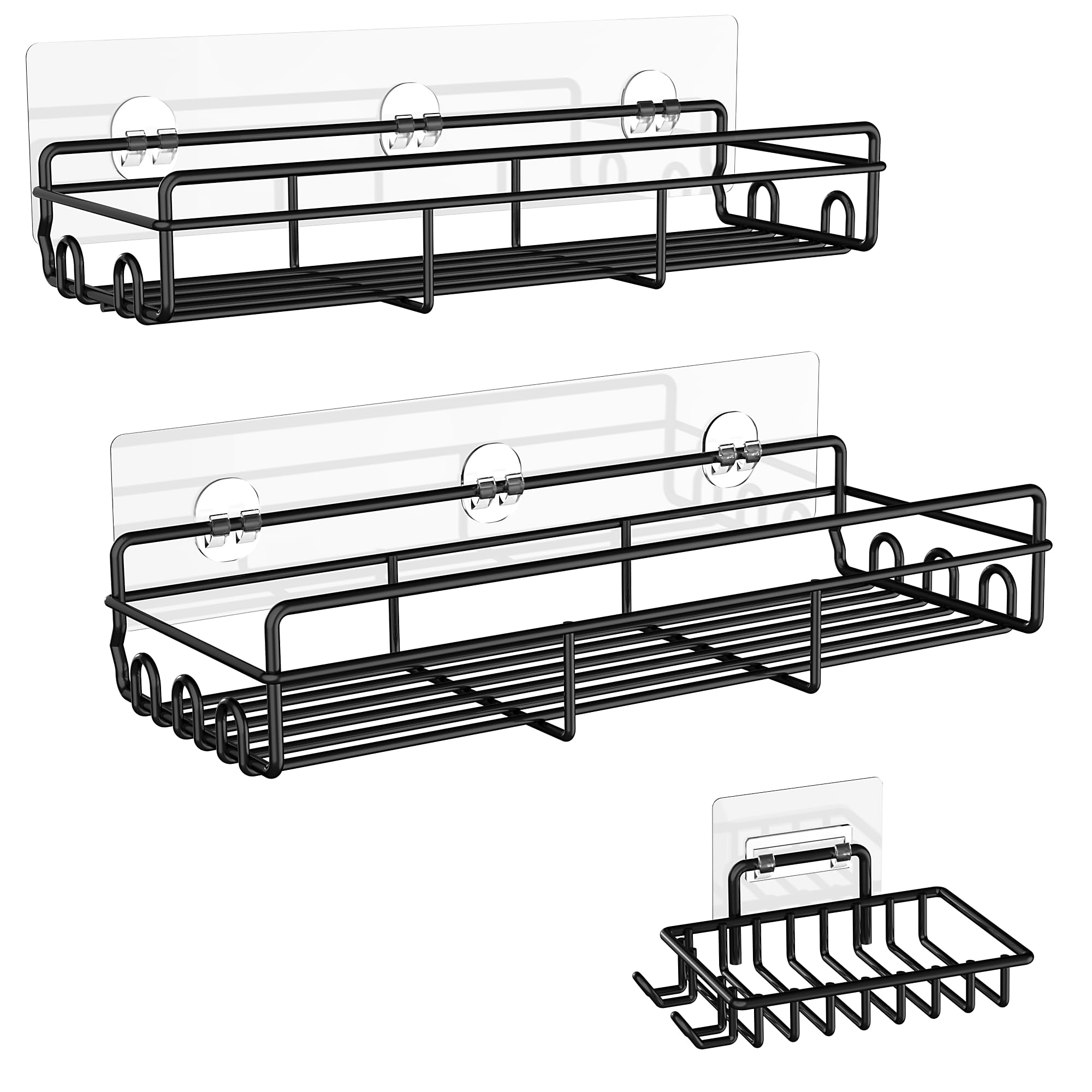 Moforoco 3-Pack Shower Caddy Basket Shelf with Soap Holder, No Drilling Traceless Adhesive Shower Wall Shelves, Rustproof Black Bathroom Shower Storage Organizer