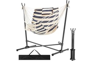 Homgava Folding Hammock Stand with Chair,Heavy-Duty Hanging Chair with Stand, for Patio, Lawn and Outdoors,Sturdy Swing Chair with Stand,with Headrest and Side Pocket,Max Load 450 pounds((Blue-White)