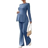 MakeMeChic Women's Maternity Two Piece Sets Crew Neck Long Sleeve Blouse and Flared Leg Pants Pregnancy Outfits