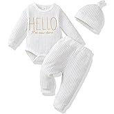 Renotemy Newborn Baby Boy Fall Clothes, Long Sleeve Letter Printed Rompers Plaid Pants Hat Outfits Clothing Set 0-18 Months