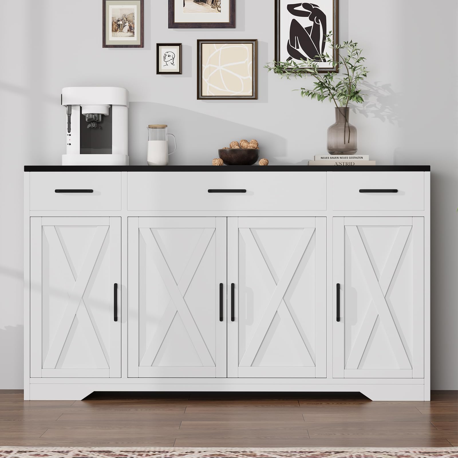 Photo 1 of ***(DAMAGE, OPEN BOX -SELLING AS PARTS AS IS ONLY)*** 
SLEKVERSA 55" Sideboard with Storage Kitchen Storage Cabinet with 3 Drawers, Modern Large Wood Farmhouse Buffet Cabinet TV Stand Coffee Bar for Living Room Hallway