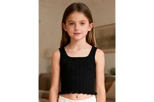 Girls Ribbed Crop Tank Top, Cotton Blend Cropped Sleeveless Square Neck Lettuce Trim Summer Cami Top for 8-12Y Kids