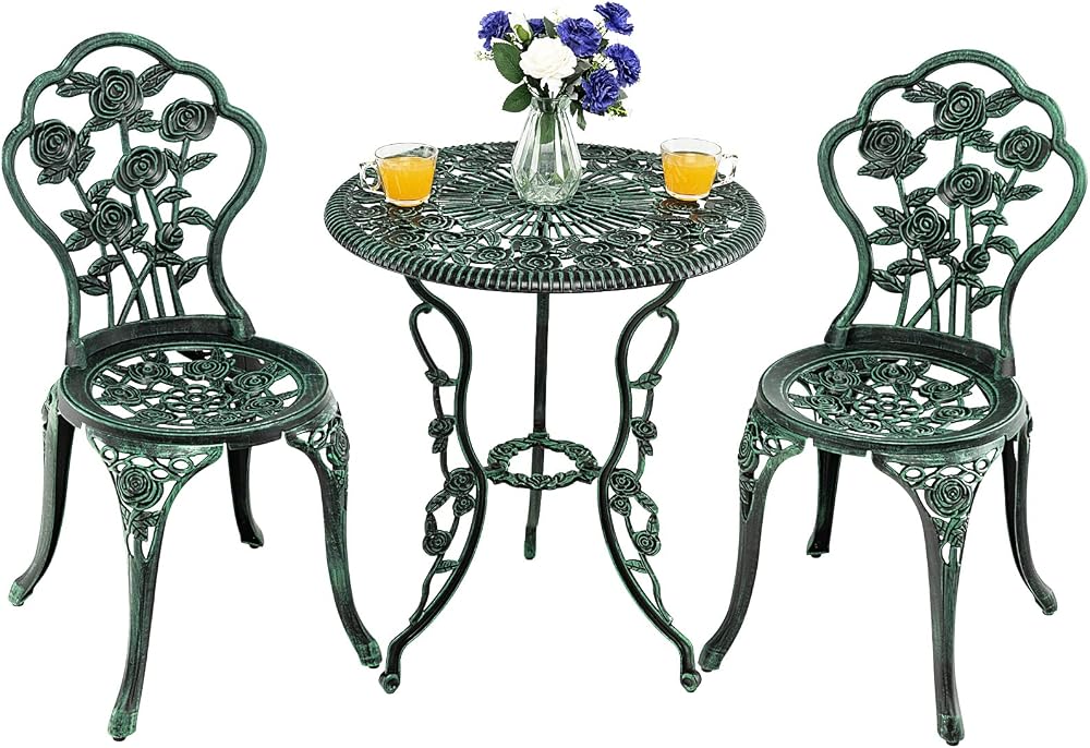 TANGZON 3 Pieces Patio Bistro Set - Cast Aluminum Table & 2 Chairs Green
